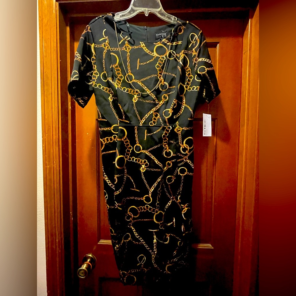 Enfocus Studio Black Dress with Gold Chain Pattern